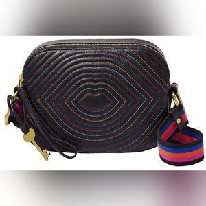 SOLD!! FOSSIL "Elle" Quilted Black Pink Lips Genuine Leather Crossbody - RARE!!!